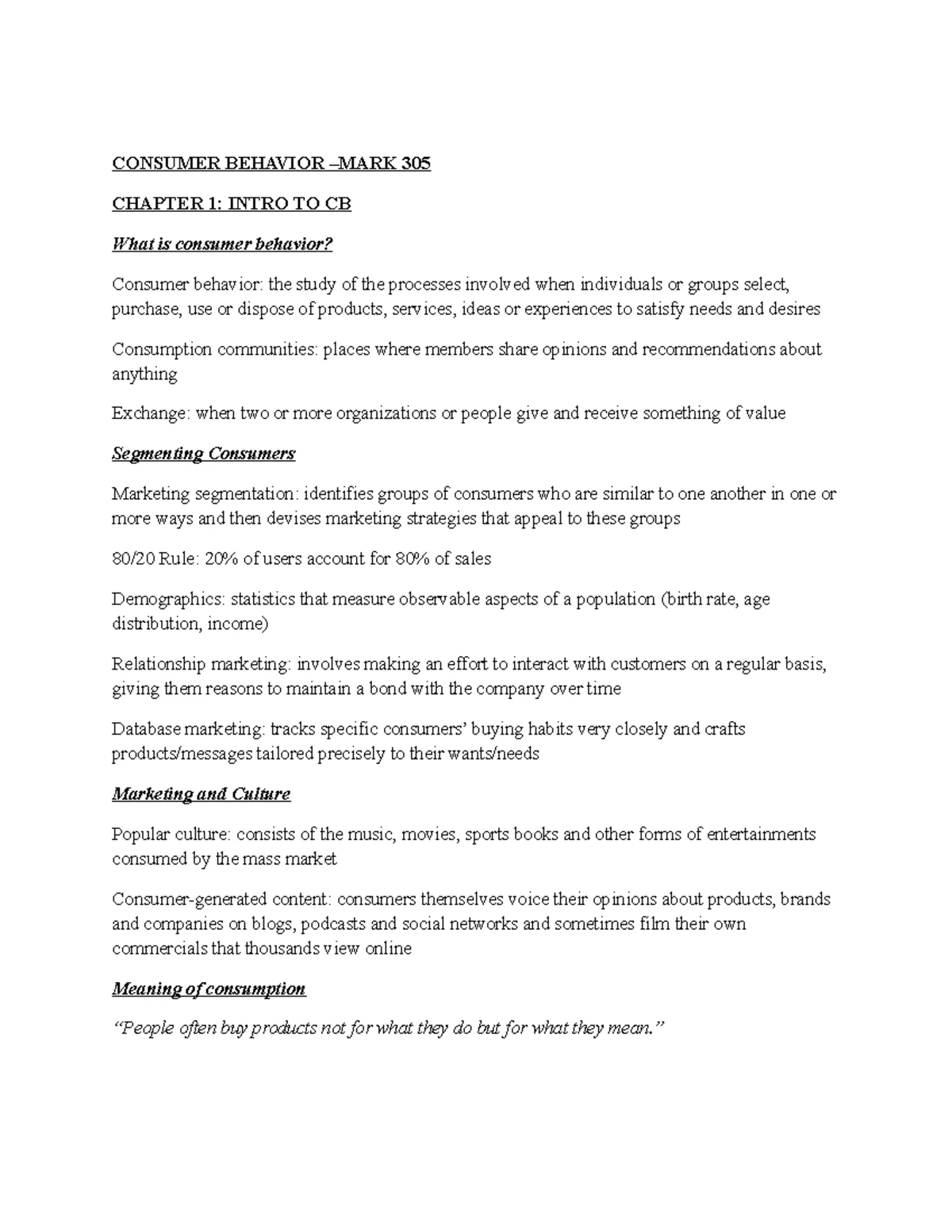 Test 1 MARK305 Consumer Behaviour Study Notes - Studocu