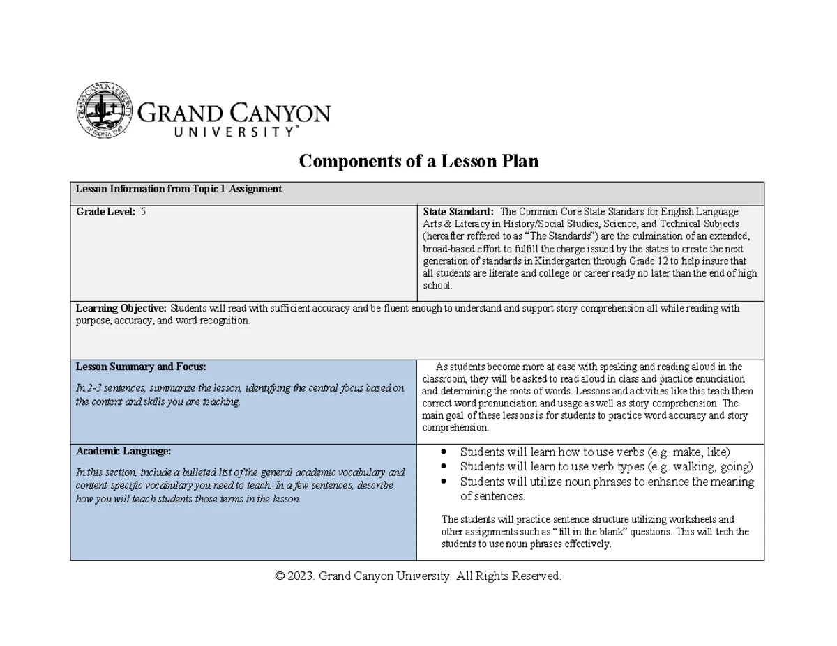 ELM 555 RS T4: Essential Components of a Lesson Plan - Studocu