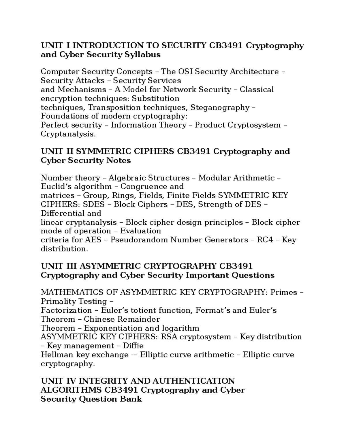 CB3491 Cryptography and Cyber Security Syllabus Overview - Studocu
