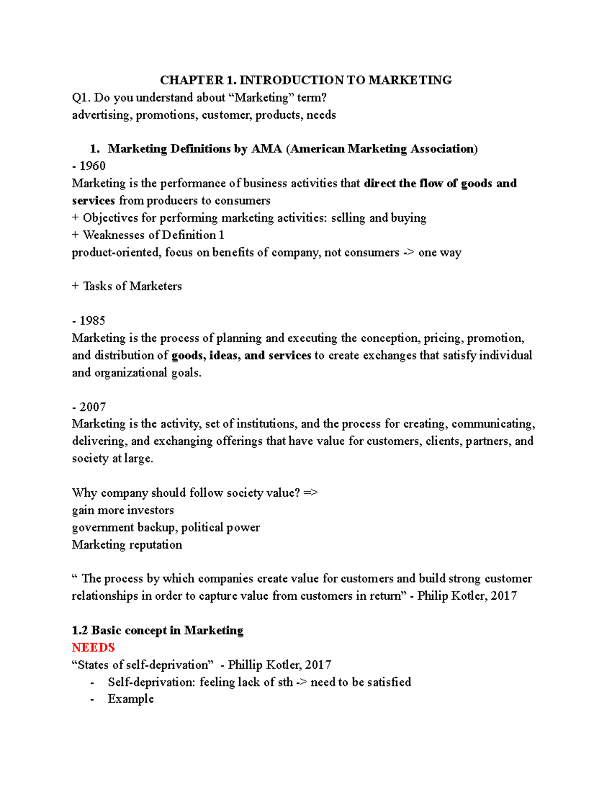 CHAPTER 1: INTRODUCTION TO MARKETING - MKT CĂN BẢN Detailed Notes - Studocu
