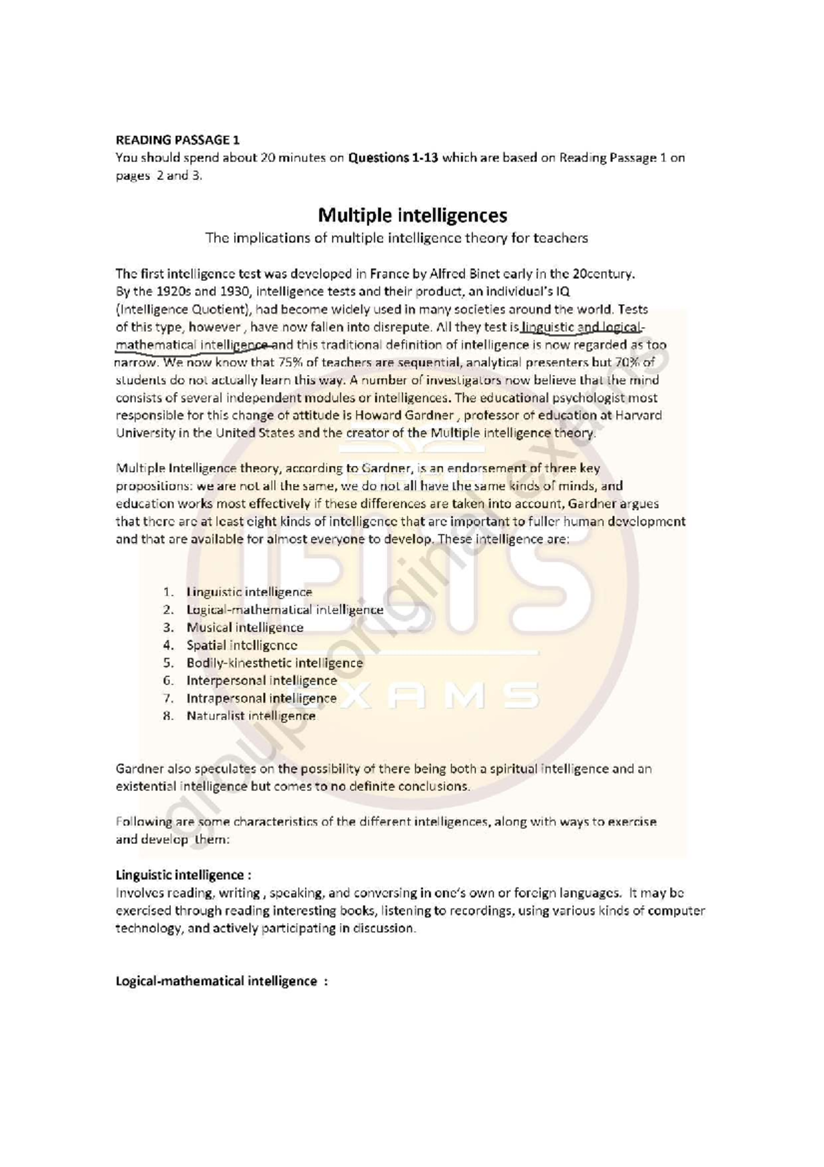 Multiple Intelligences Theory: Implications for Educators (XAMS) - Studocu