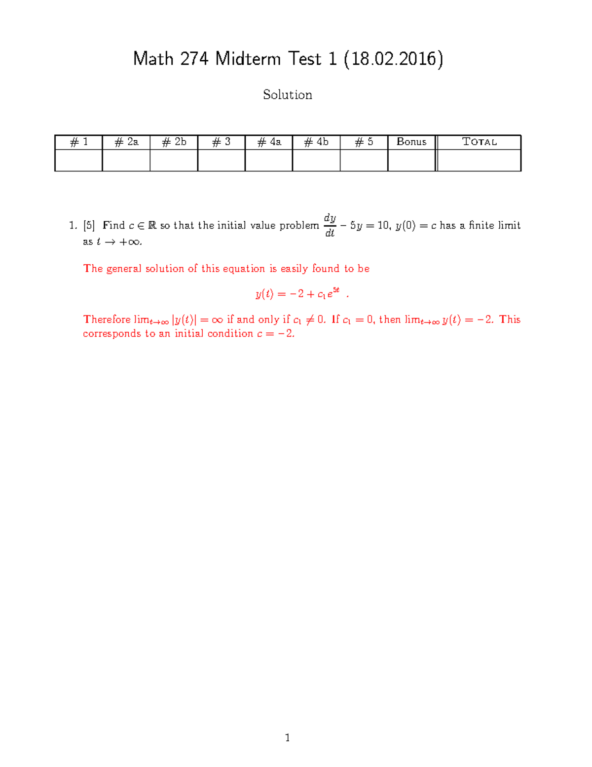 Math274-T1s - Midterm Test 1 Solutions and Overview - Studocu