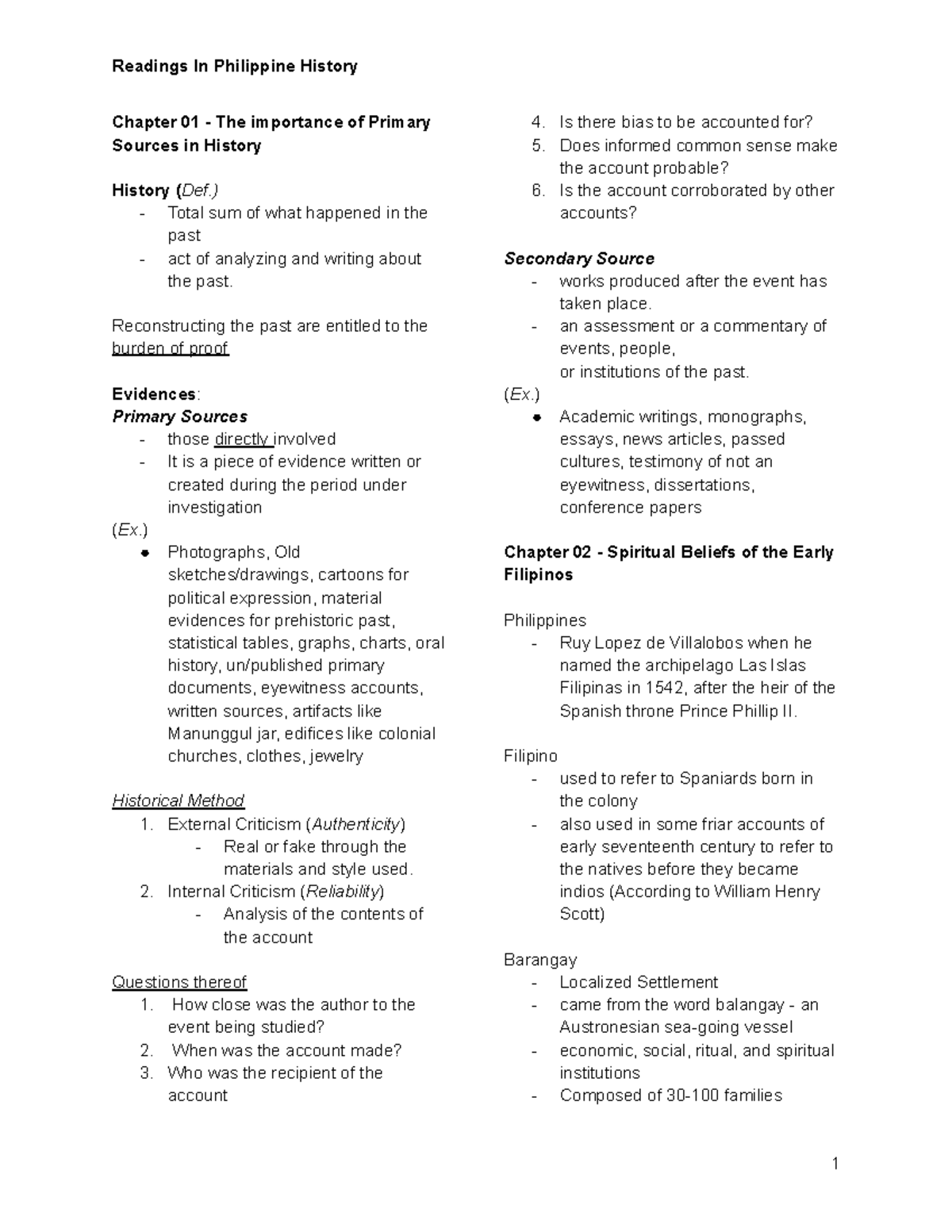 Readings in Philippine History: Histo 1 Reviewer on Primary Sources ...