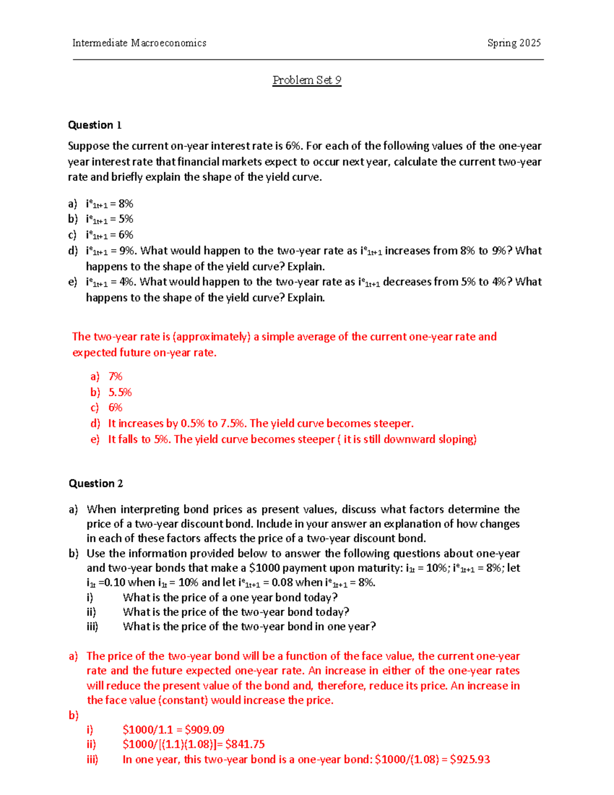 Problem set 9 solutions for intermediate macroeconomics Spring 2025 ...