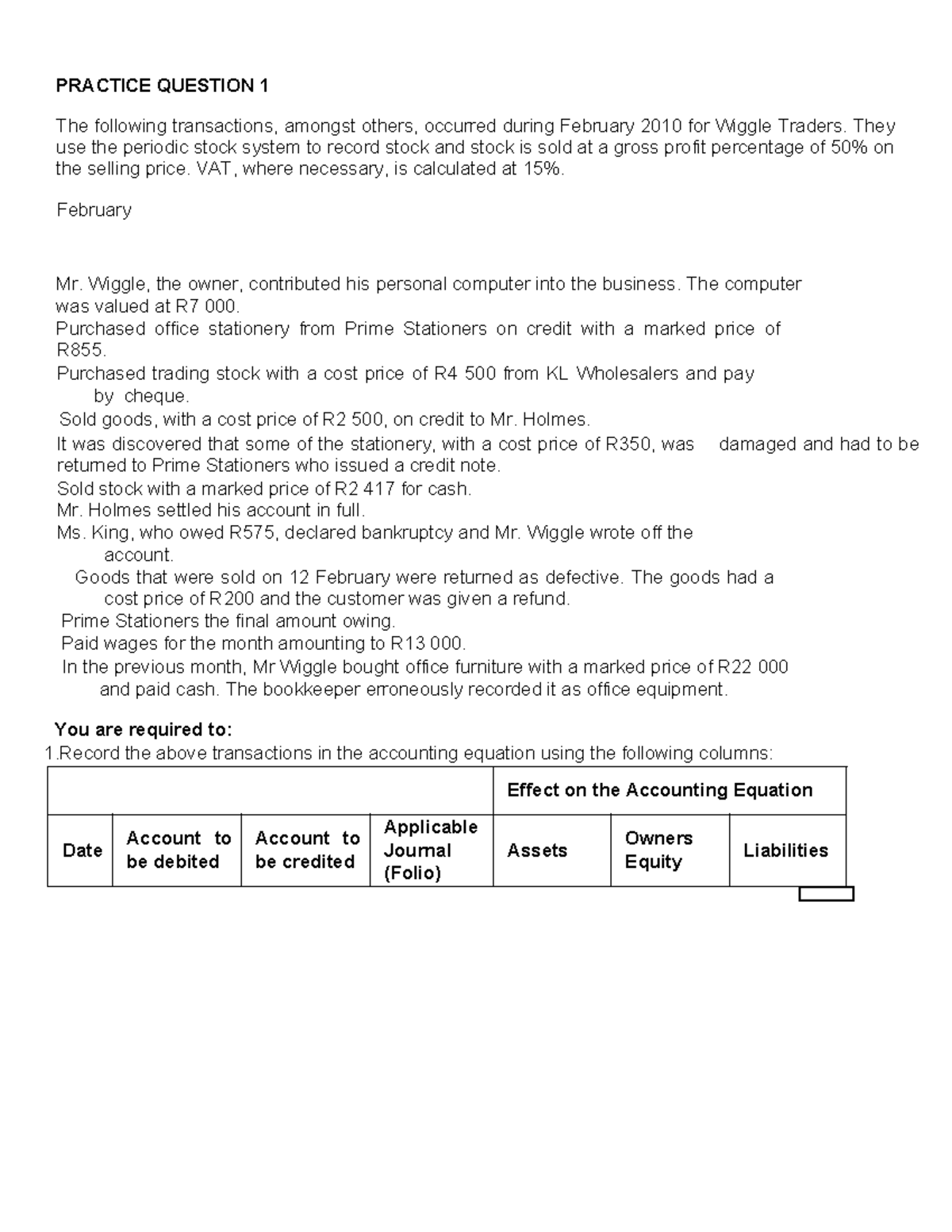 VAT ACCT101 - Practice Questions on Accounting Transactions - Studocu