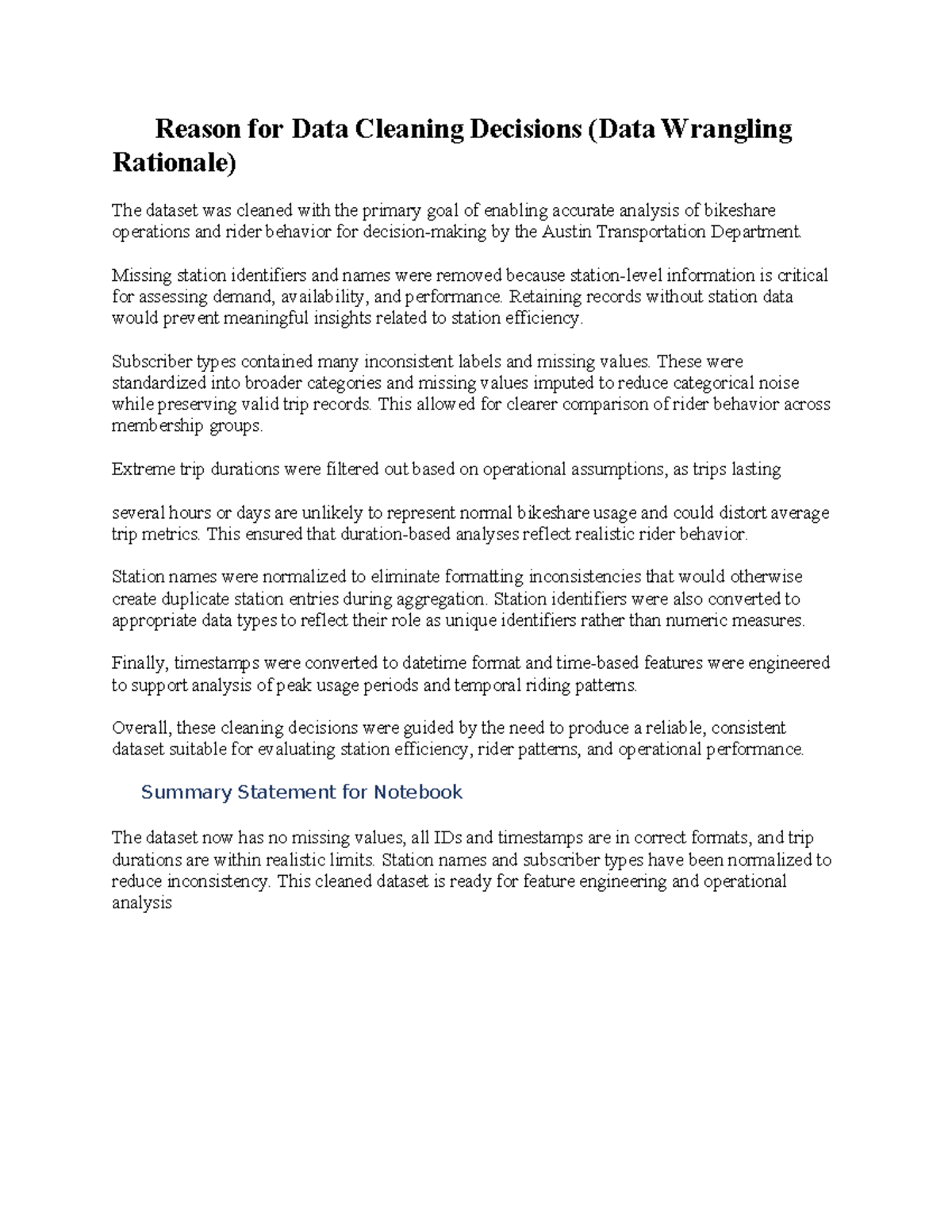 Data Cleaning Rationale for Bikeshare Analysis (Data Wrangling) - Studocu