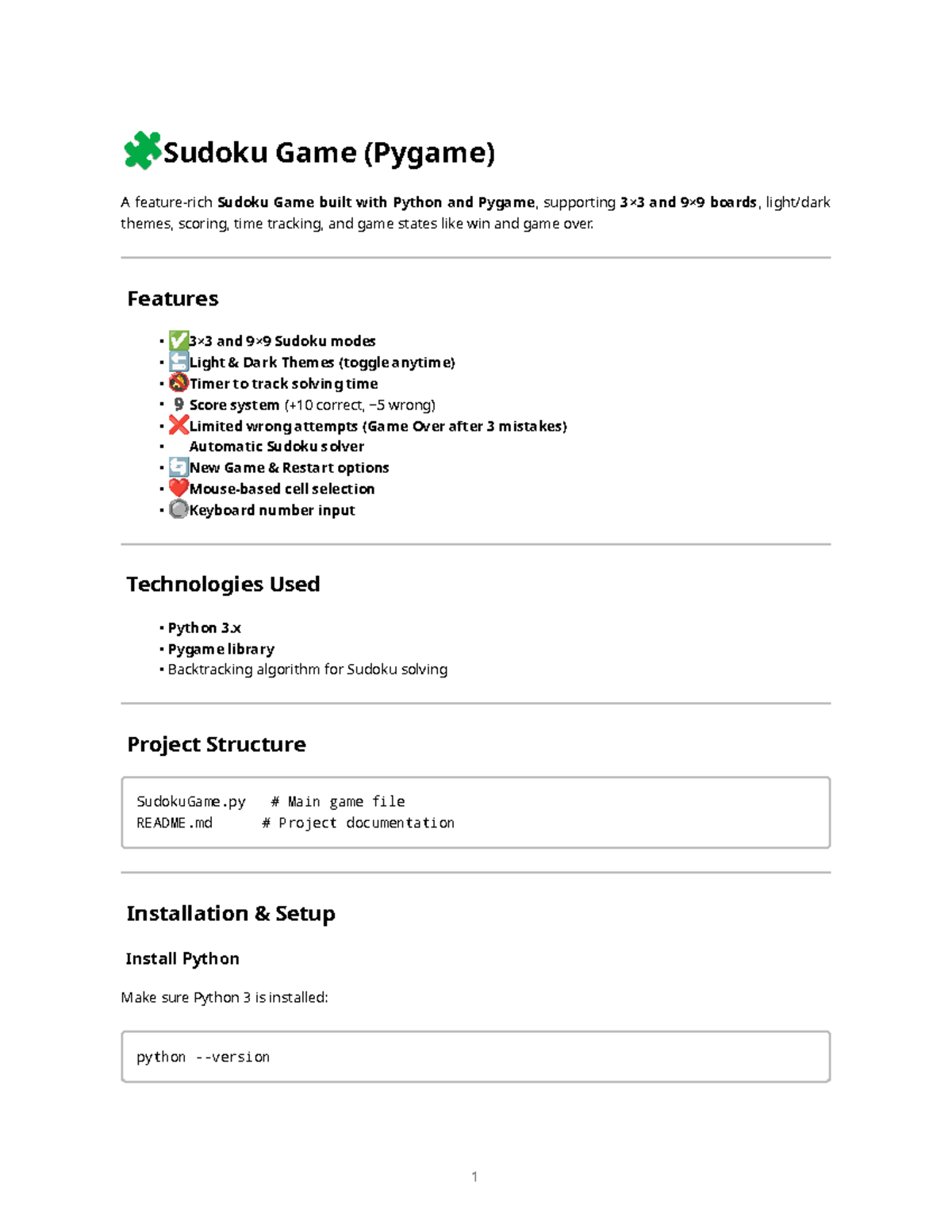 Readme - Sudoku Game (Pygame) Features and Instructions - Studocu