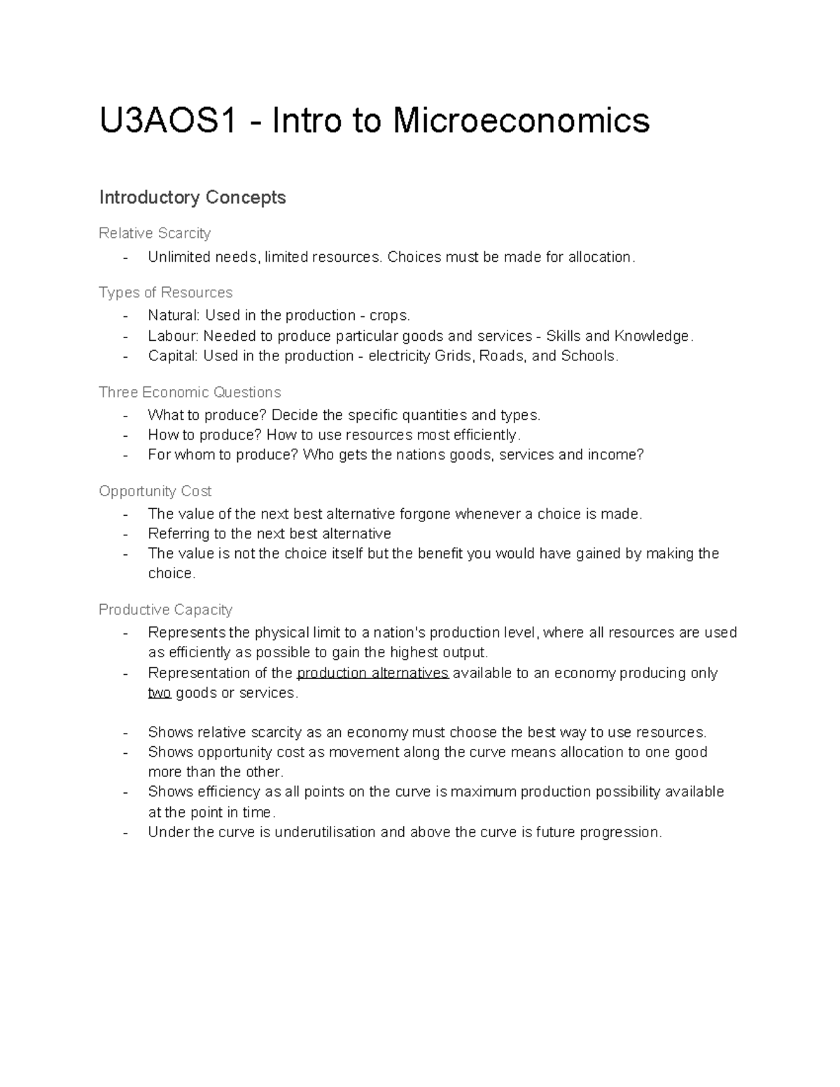 U3AOS1 Economics Summary: Key Concepts in Microeconomics and Market ...