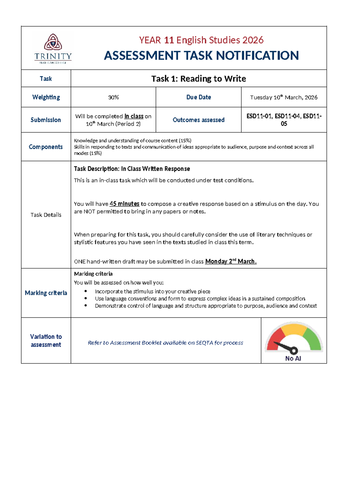 2026 - Year 11 English Studies - Assessment 1: Reading to Write - Studocu