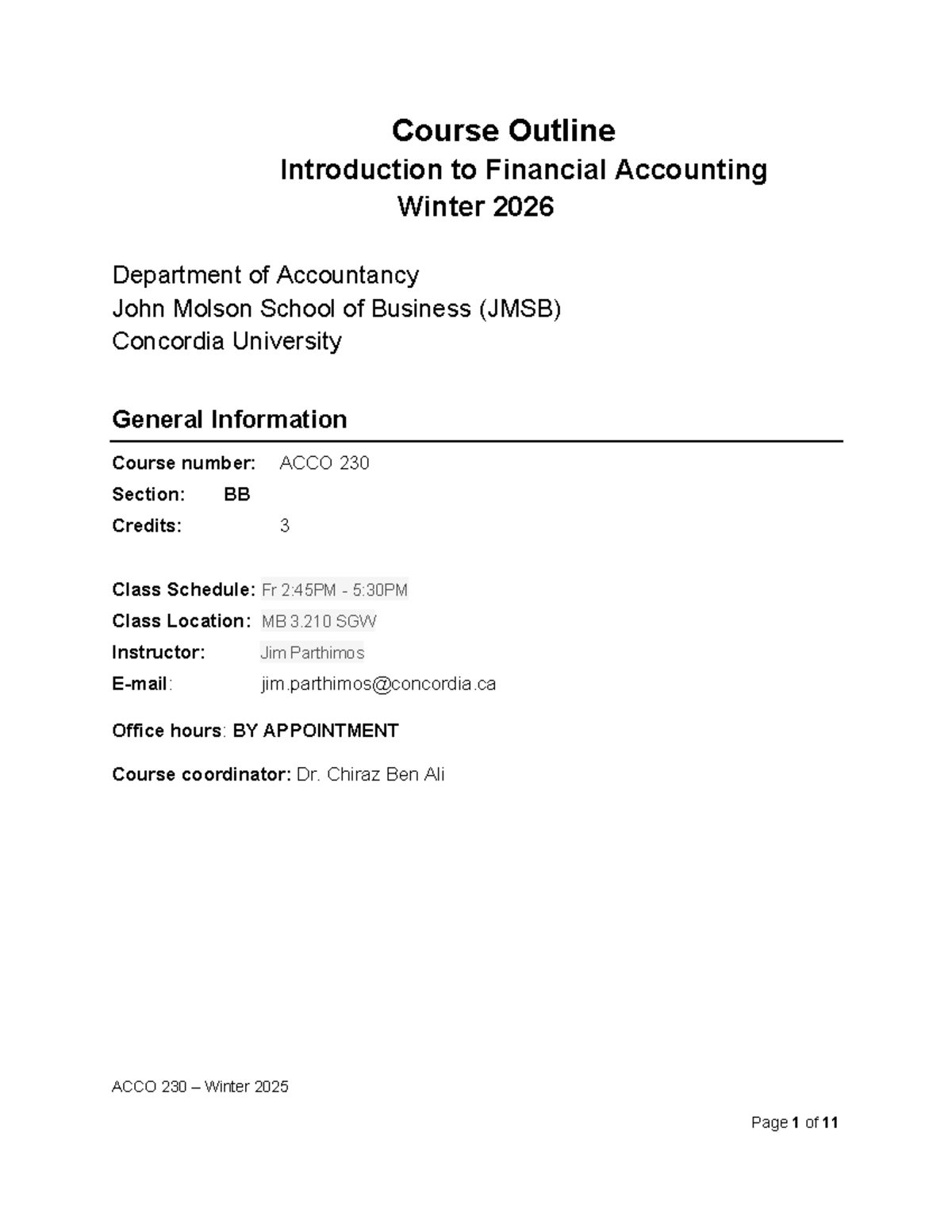 Course Outline: ACCO 230 Introduction to Financial Accounting Winter ...