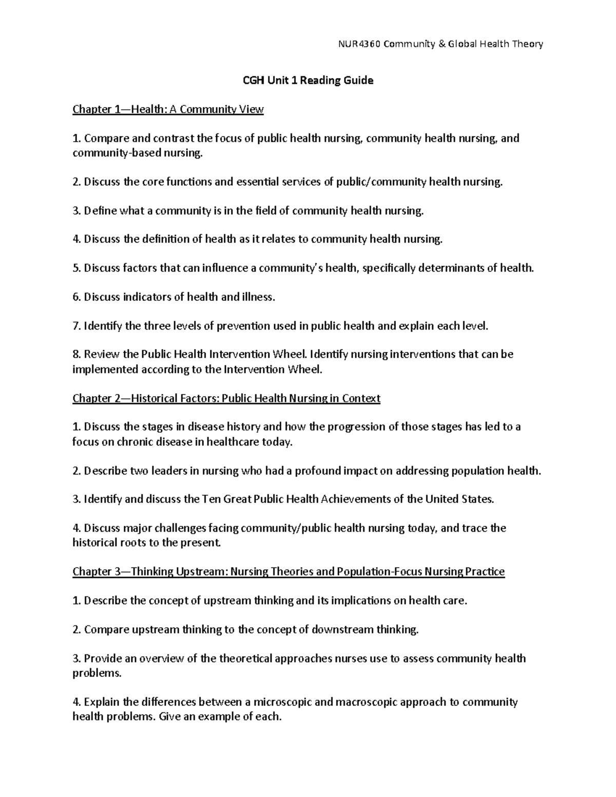 NUR4360 Community & Global Health Theory: Unit 1 Reading Guide - Studocu