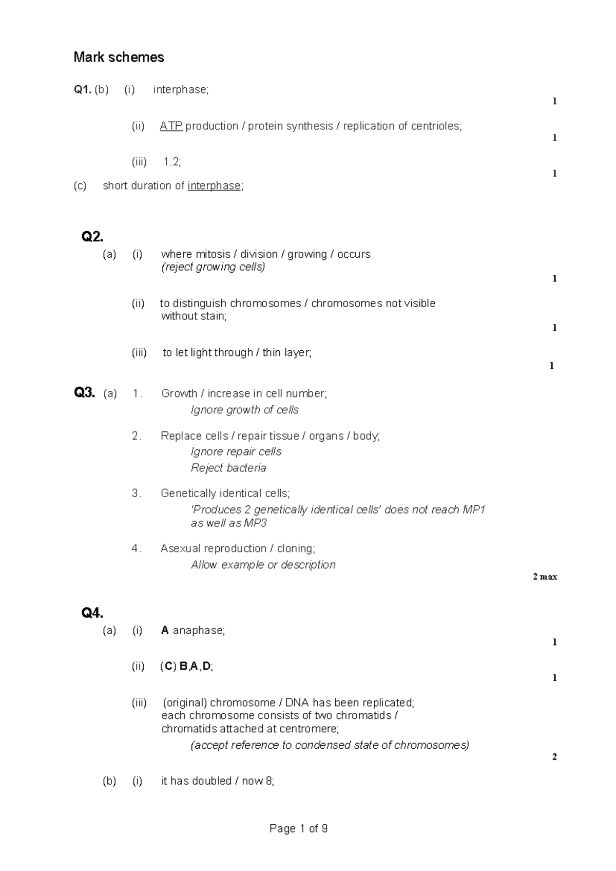 Mitosis End-of-Topic Test MS - Mark Schemes & Answers - Studocu