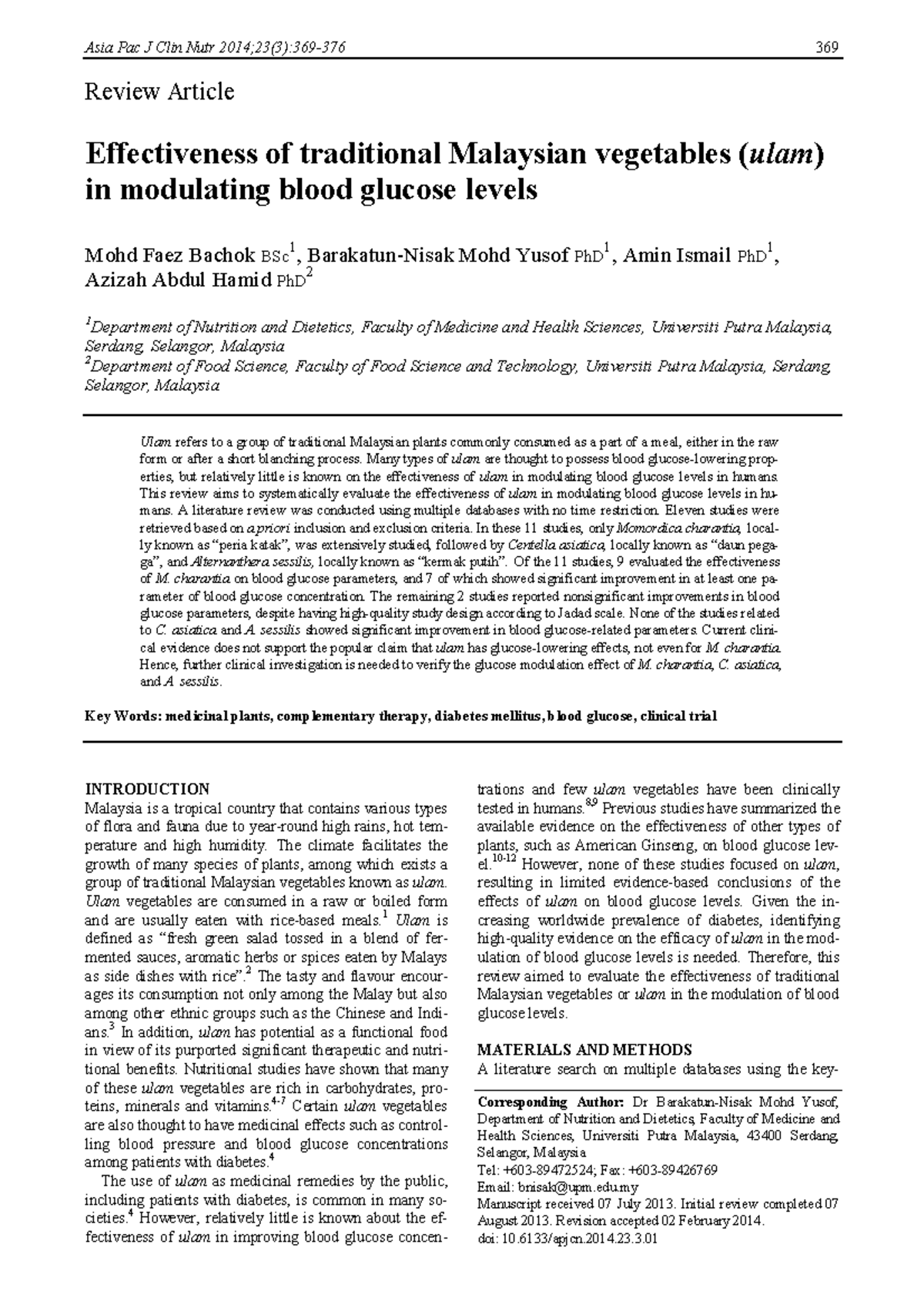 369 - Traditional Malaysian Vegetables (Ulam) and Blood Glucose Impact ...
