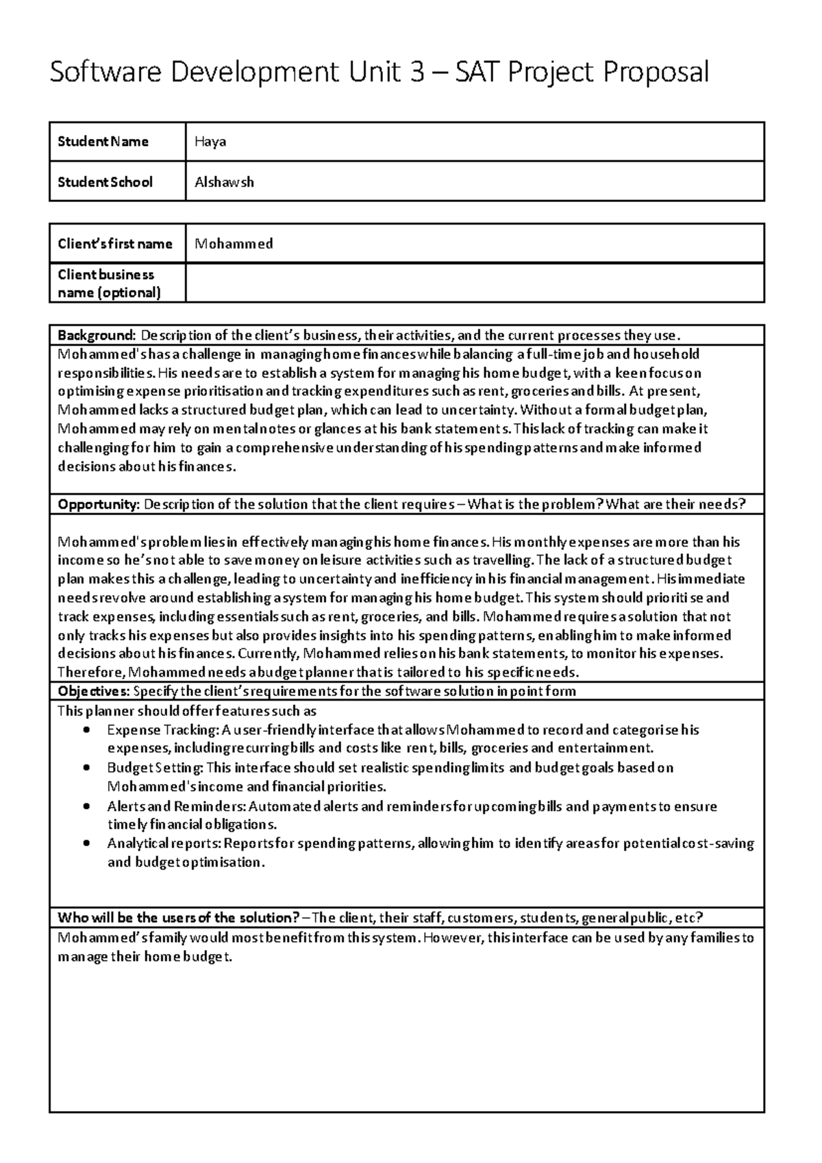 Software Development SAT Proposal for Budget Management System - Studocu