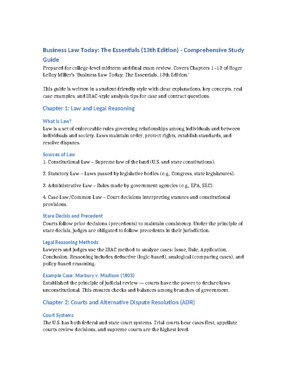 Business Law Today (13th Ed) Midterm & Final Exam Study Guide - Studocu