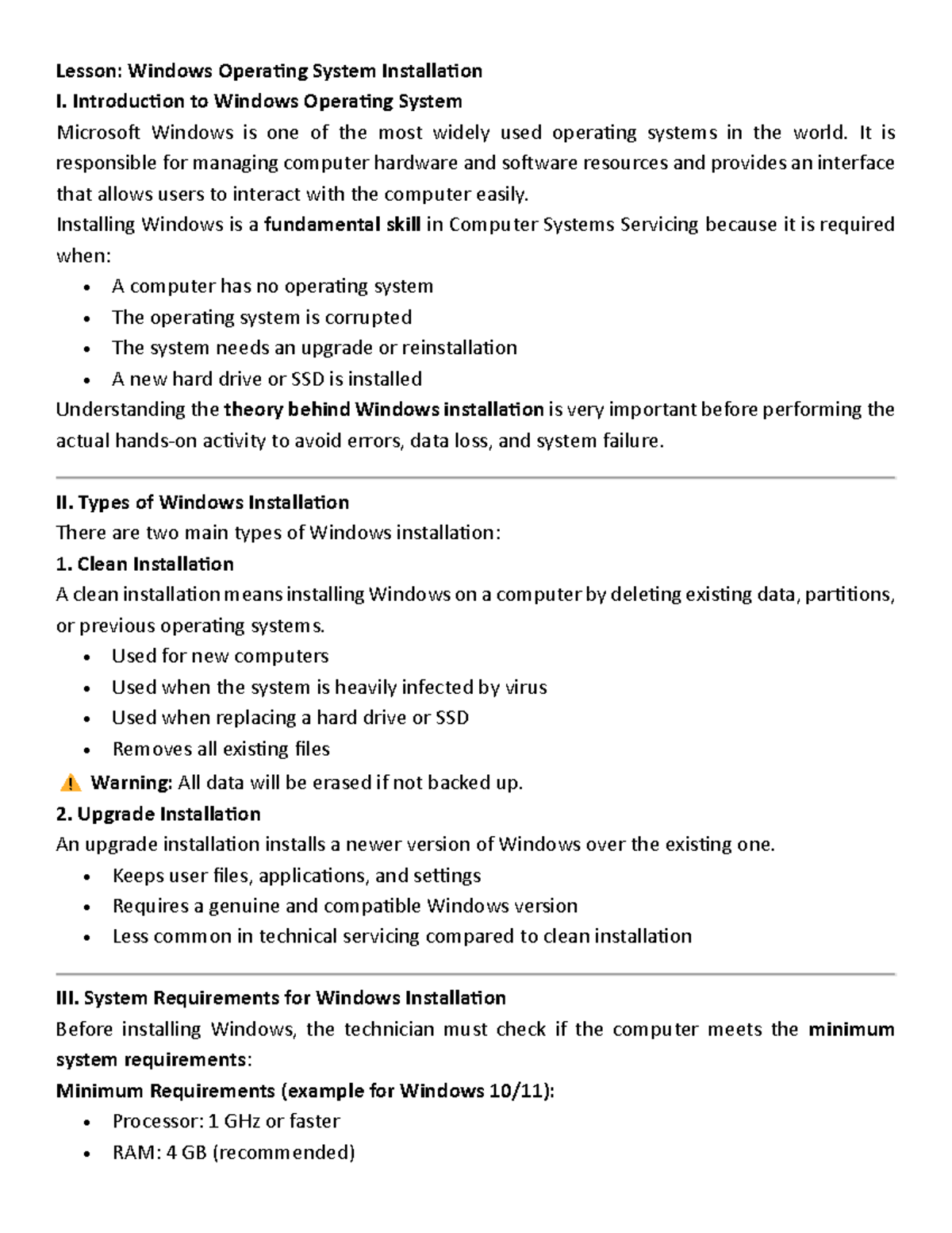 Lesson: Windows Installation Guide for Computer Systems Servicing - Studocu
