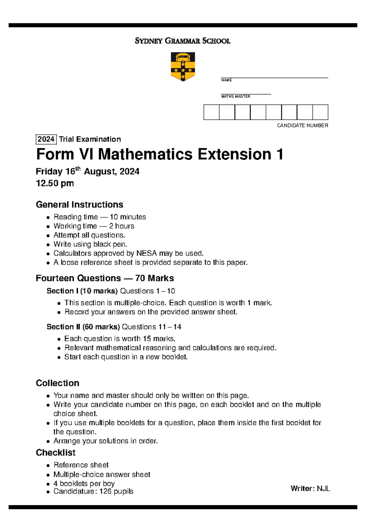 2024 SYDNEY GRAMMAR SCHOOL - MATHS EXTENSION 1 TRIAL EXAM QUESTIONS ...