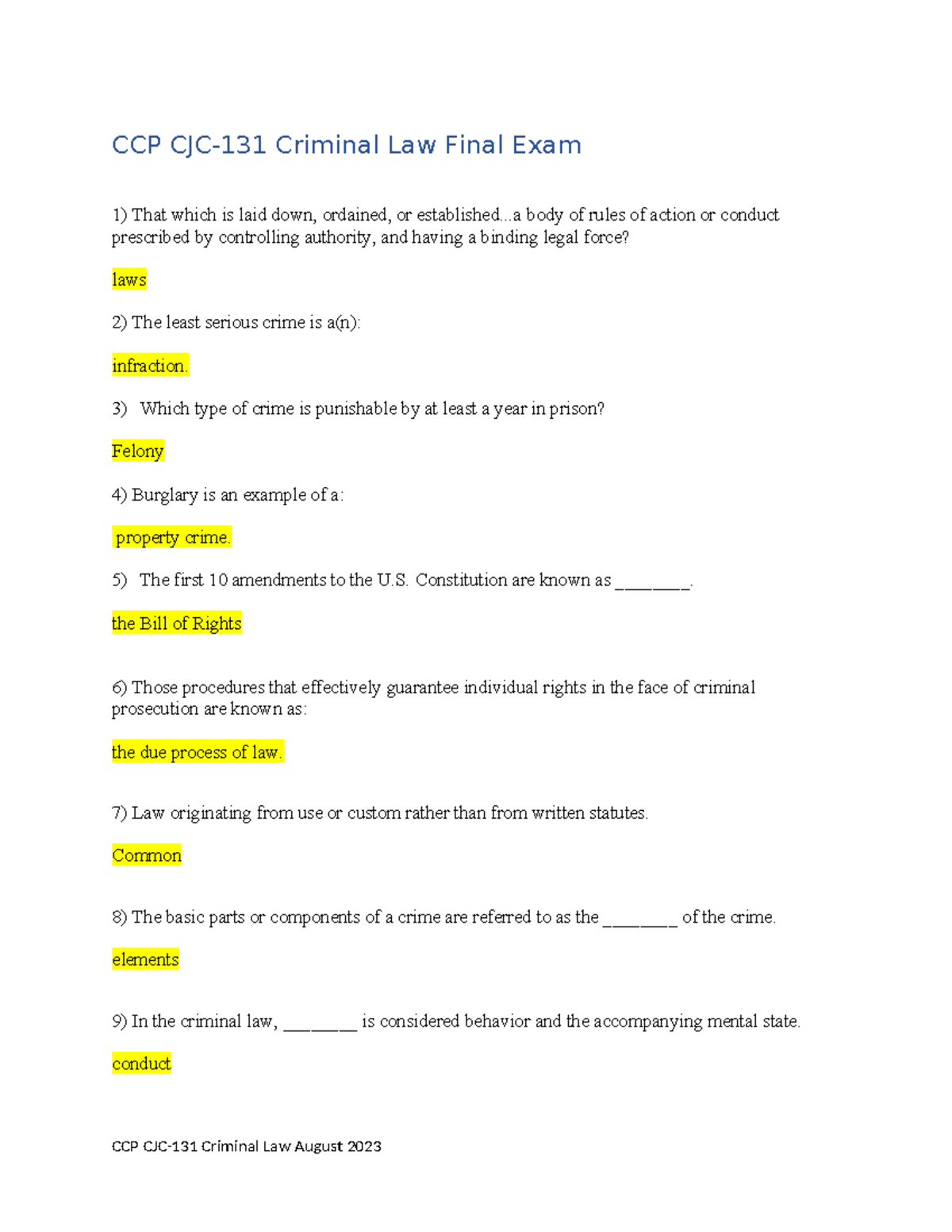 CJC 131 - Criminal Law Final Exam Review Notes August 2023 - Studocu