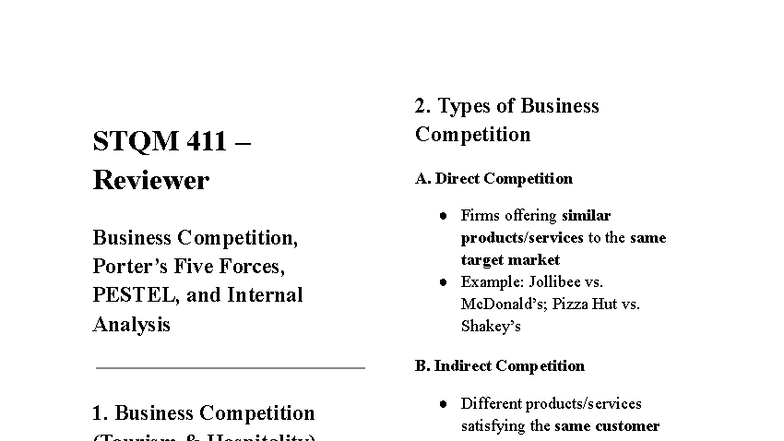 STQM 411 Final Exam Reviewer: Business Competition & Five Forces ...
