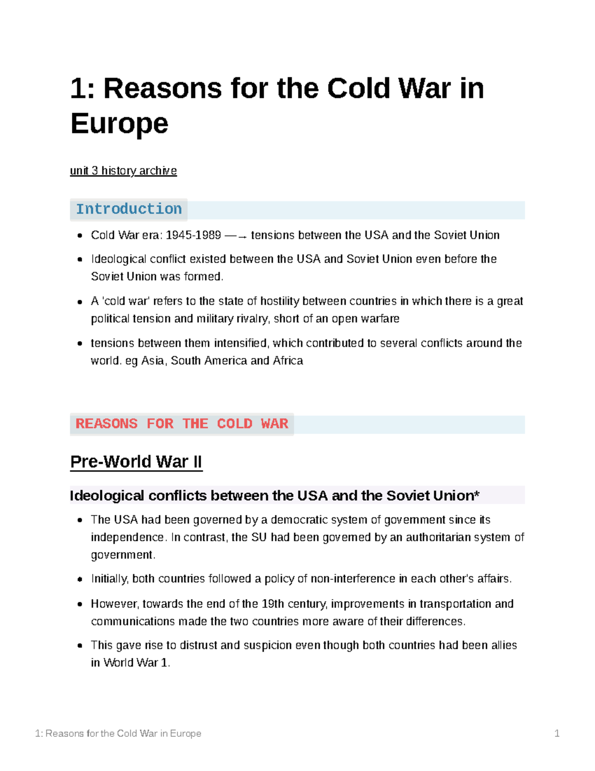 1 Reasons for the Cold War in Europe - 1: Reasons for the Cold War in ...