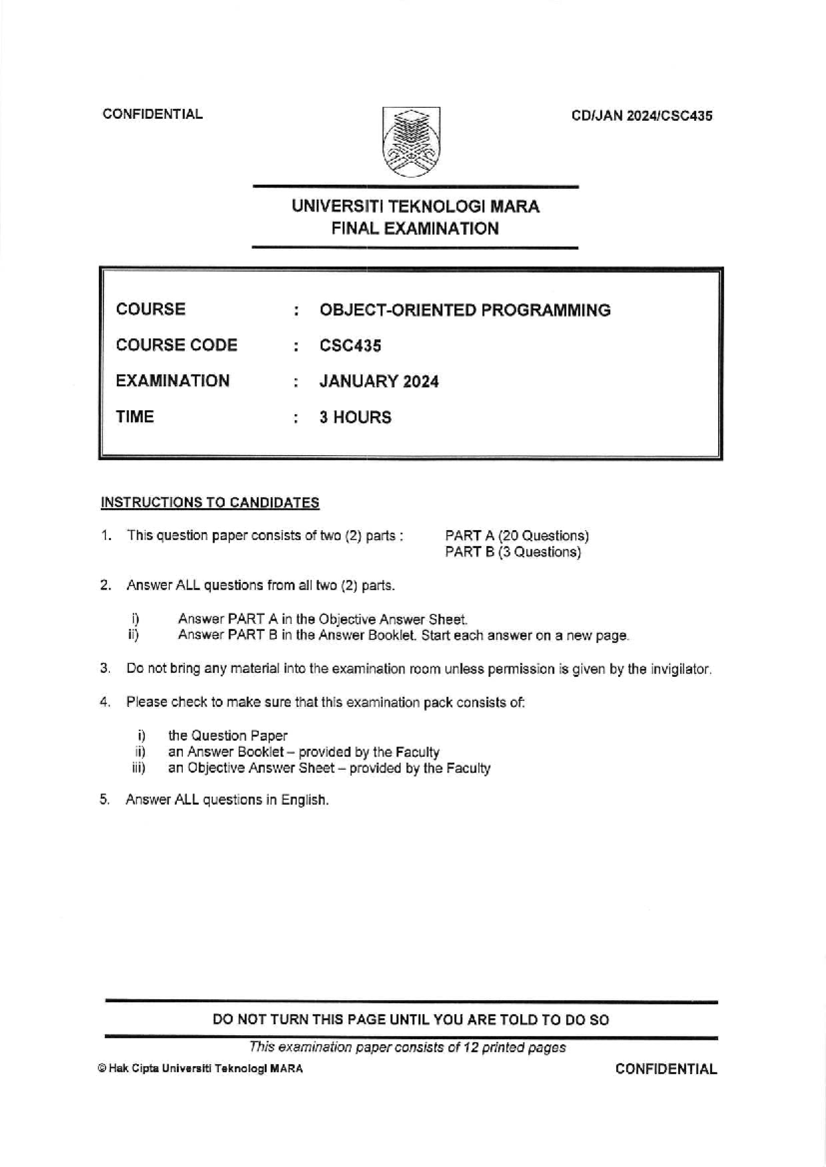 CSC435 Final Exam Paper - Programming - January 2024 - Studocu