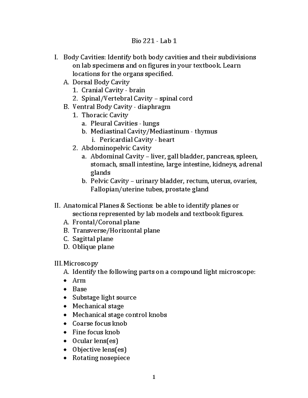 Bio 221 - Lab 1: Overview of Body Cavities & Microscopy Techniques ...