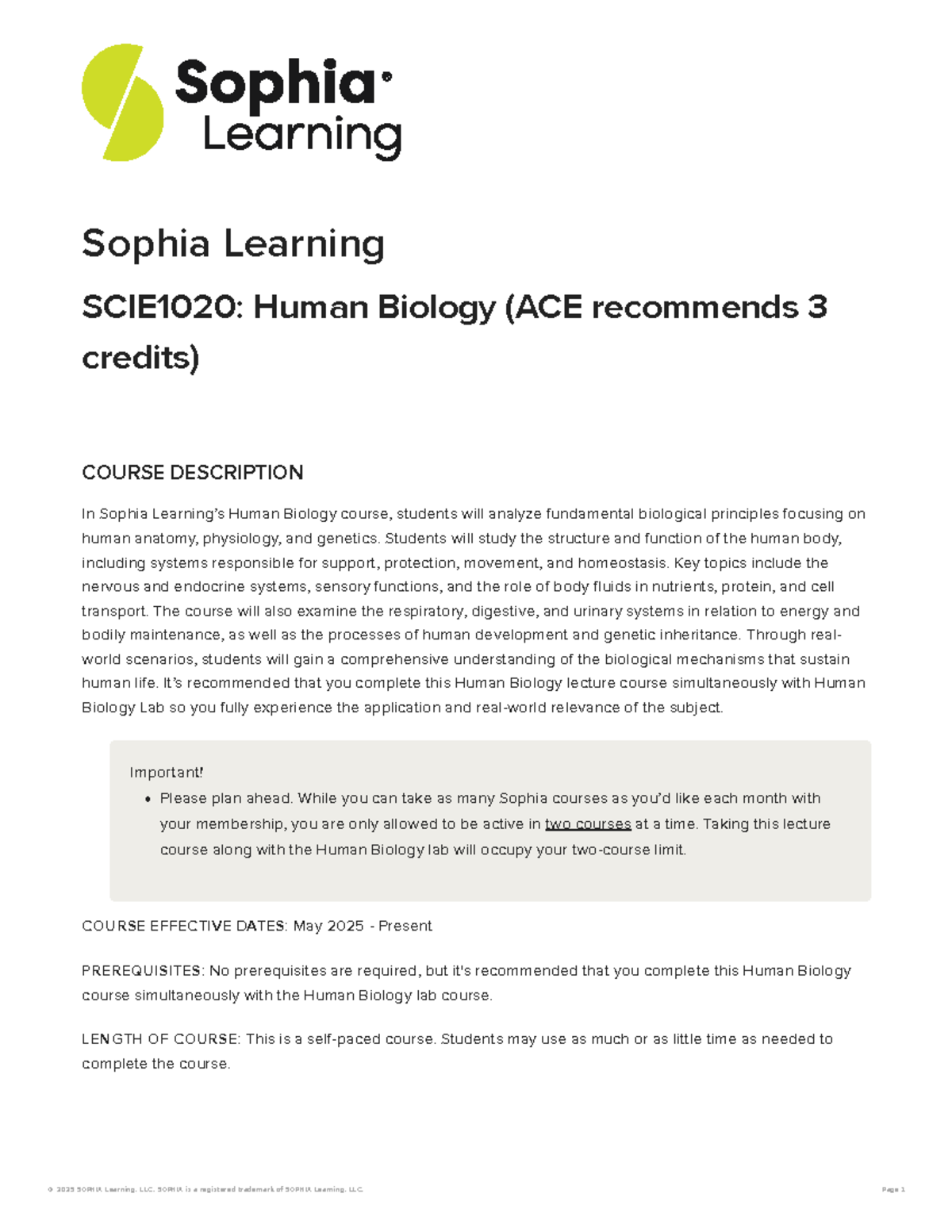 Sophia Learning SCIE1020: Human Biology Course Syllabus - Studocu