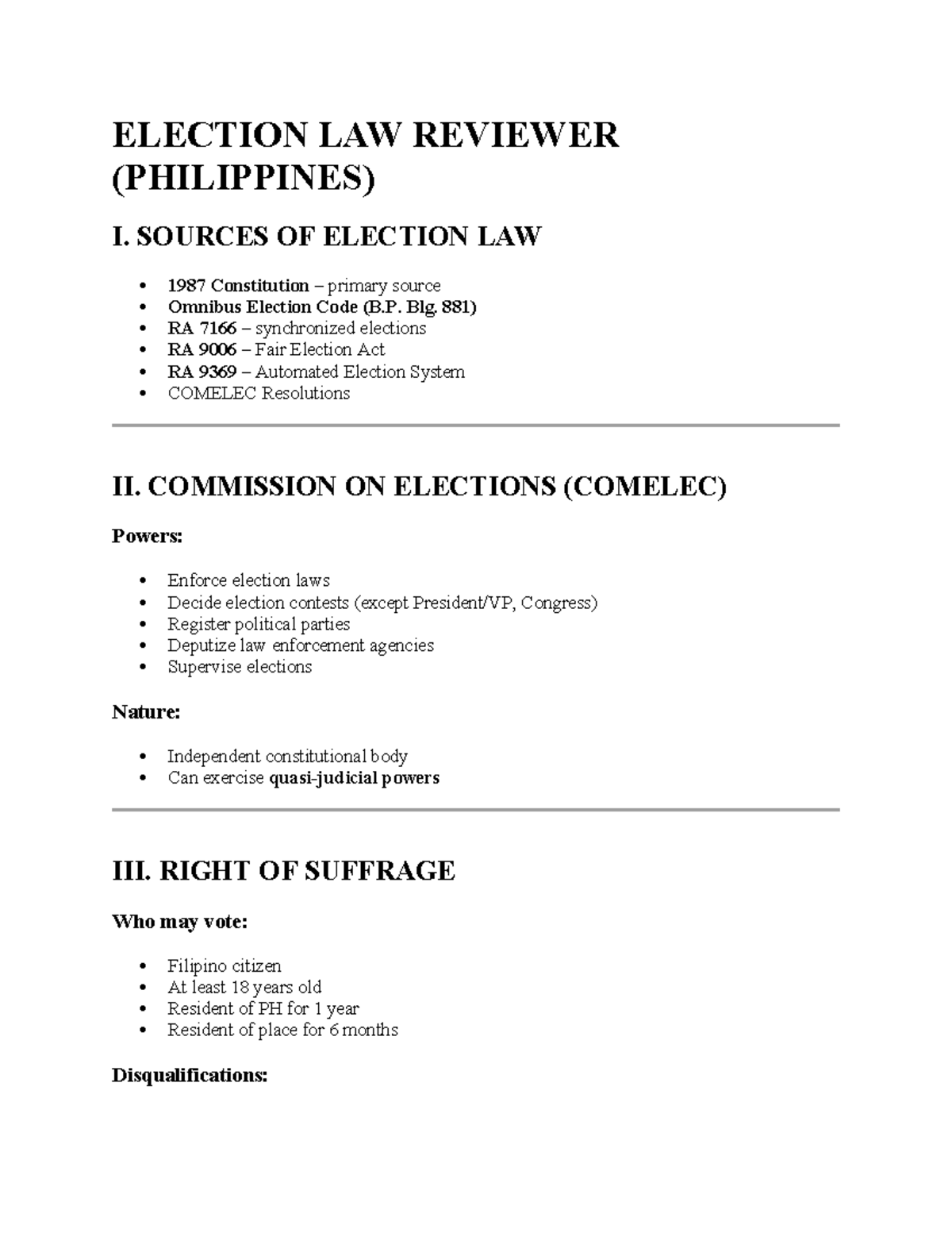ELECTION LAW REVIEWER (PHILIPPINES) - Key Concepts & Principles - Studocu