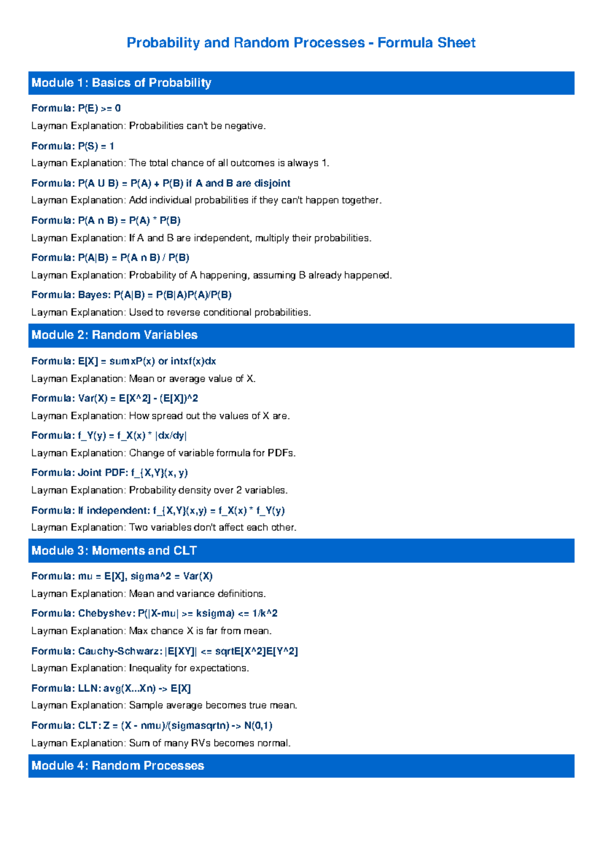 Probability and Random Processes Formula Sheet: Module 1-4 Overview ...