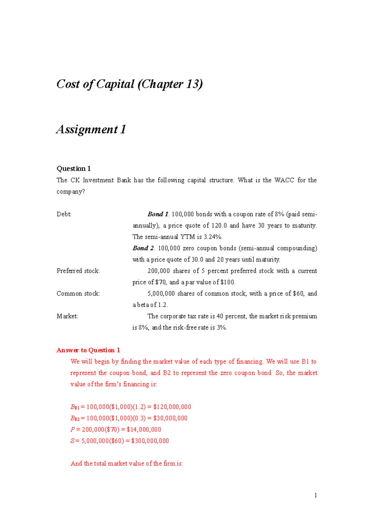 A1 (Chapter 13) Cost of Capital Analysis with Solutions - Studocu