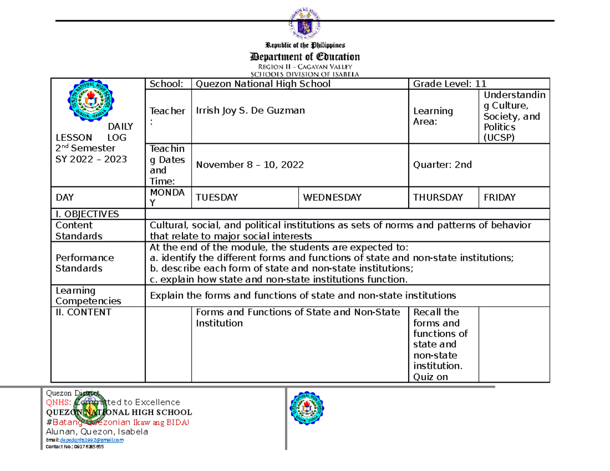 Daily Lesson Log in UCSP for 2nd Semester SY 2022-2023 - Studocu
