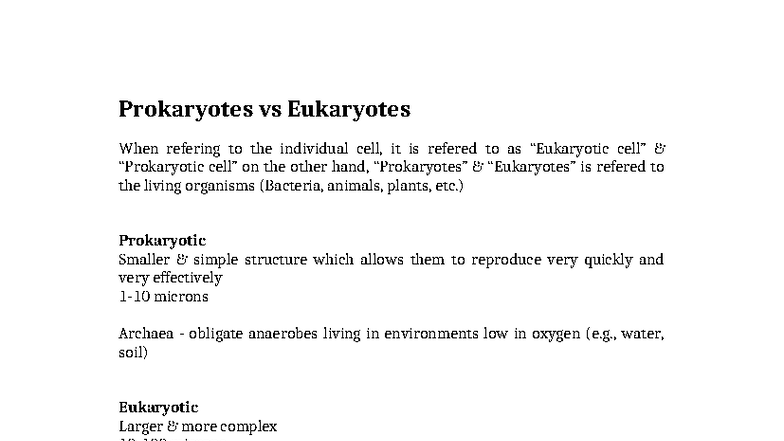 Prokaryotes vs Eukaryotes: Key Differences and Structures - Studocu