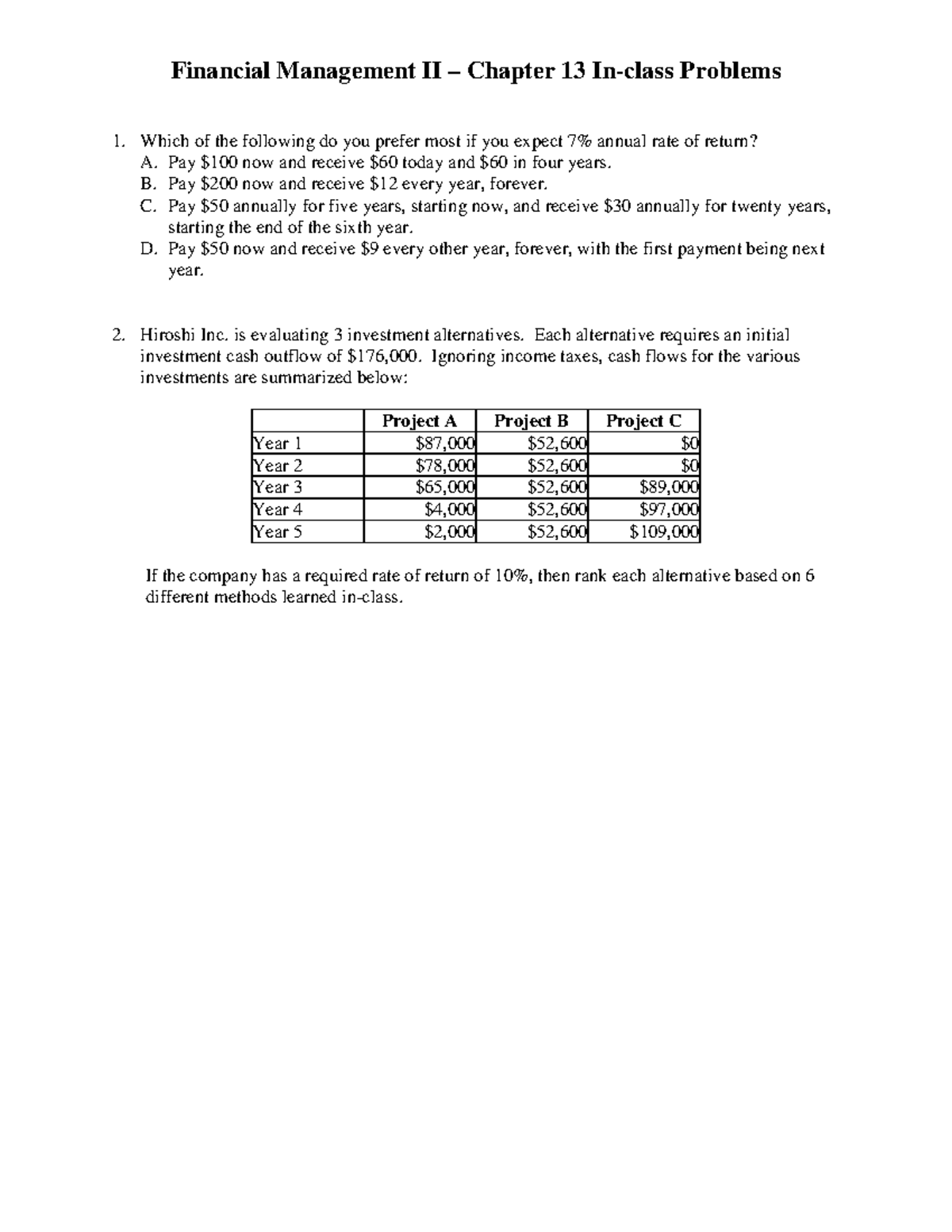 Financial Management II Chapter 13 In-Class Problems and Solutions ...