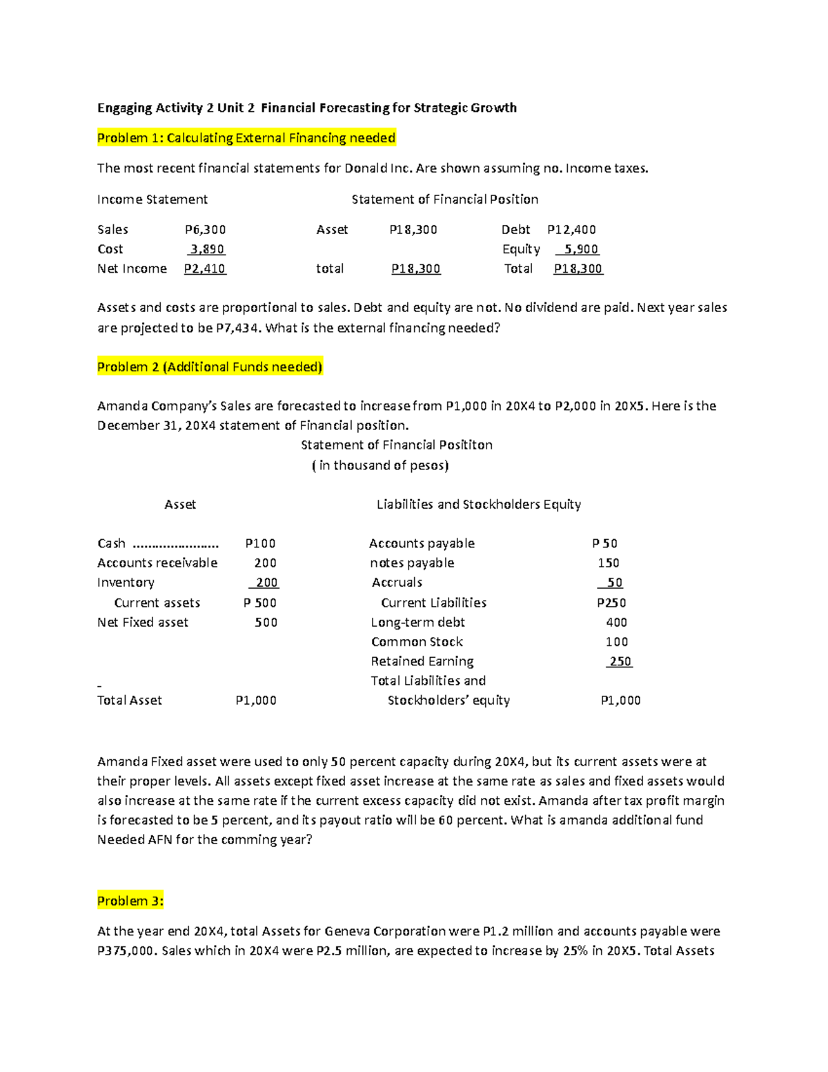 Financial Forecasting for Strategic Growth: Unit 2 Activities ...