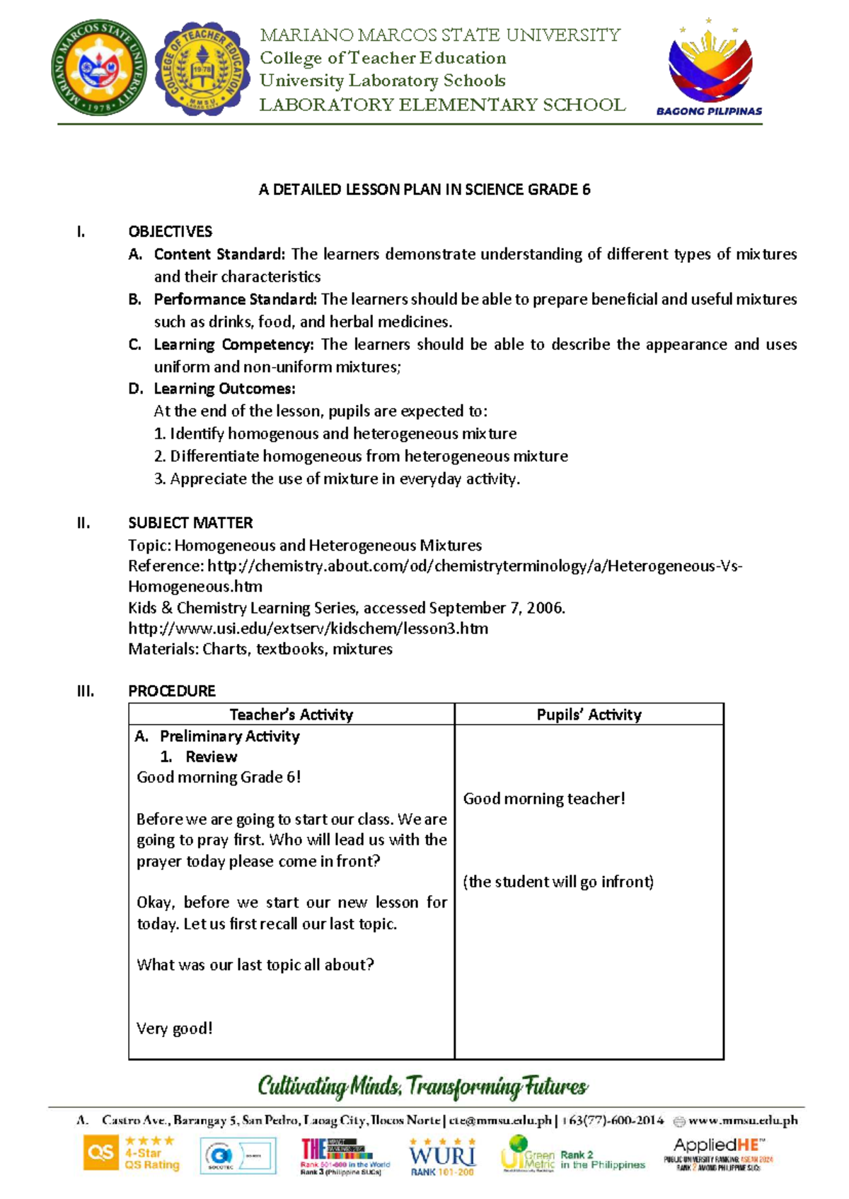 A Detailed Lesson Plan in Science Grade 6: Mixtures (Homogeneous ...