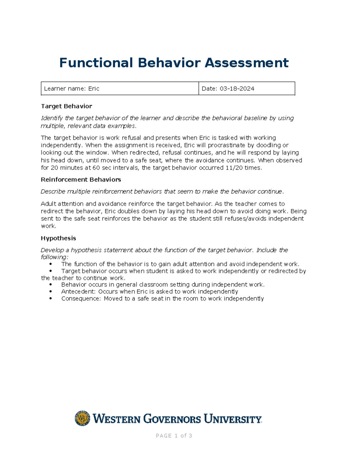 FBA BIP Task 1 D001 - Functional Behavior Assessment for Eric - Studocu
