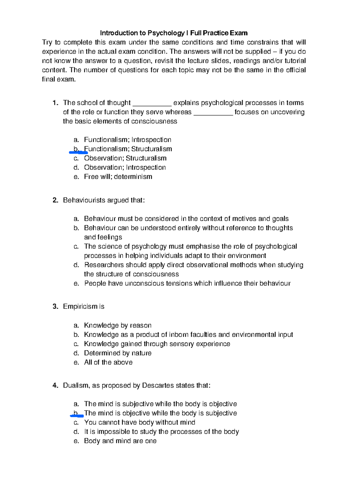 Intro Psych I Full Practice Exam: 100 Essential Questions Study Guide ...