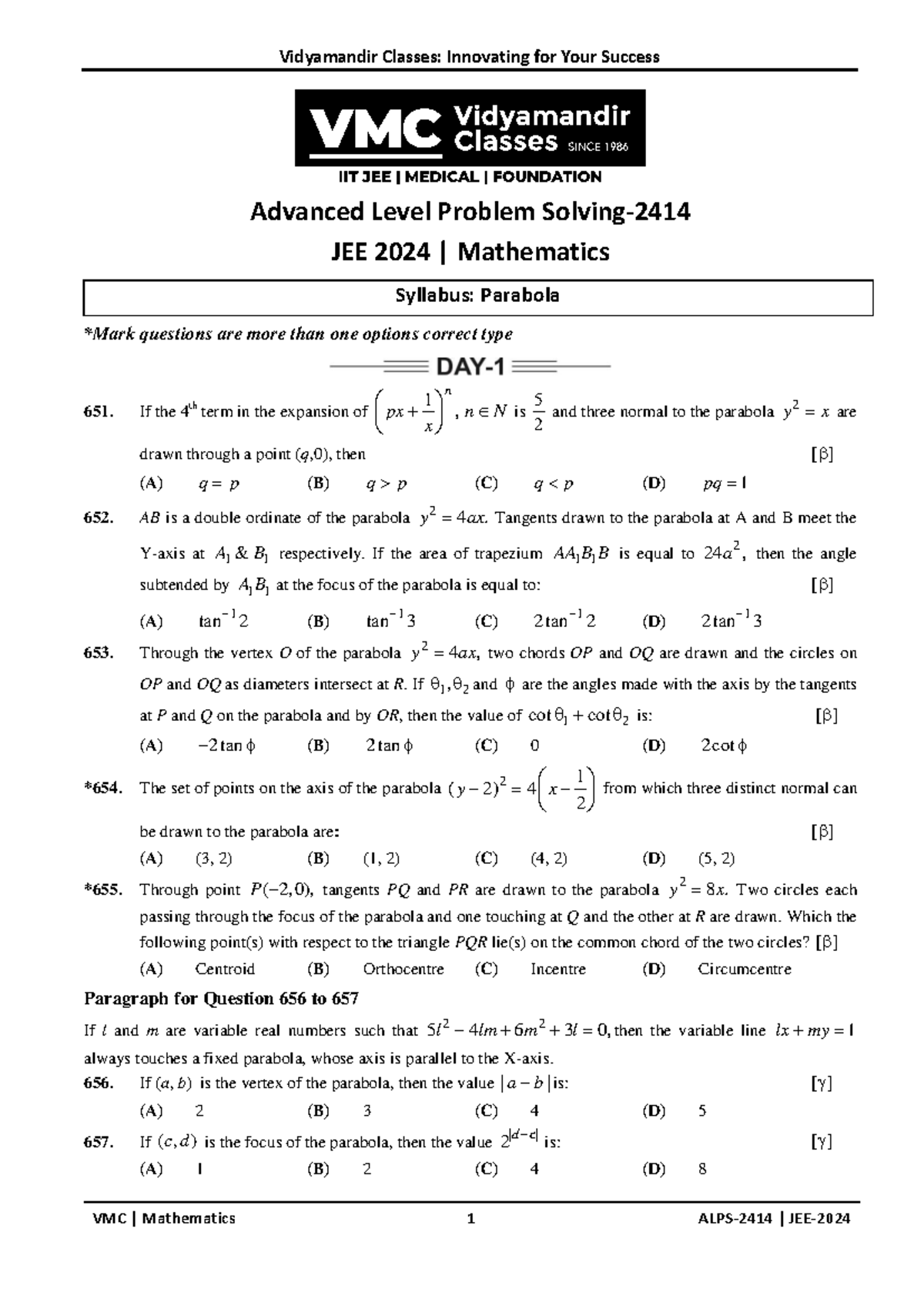 ALPS 2414 Maths Assignment Paper (Parabola) - Advanced Level Problem ...