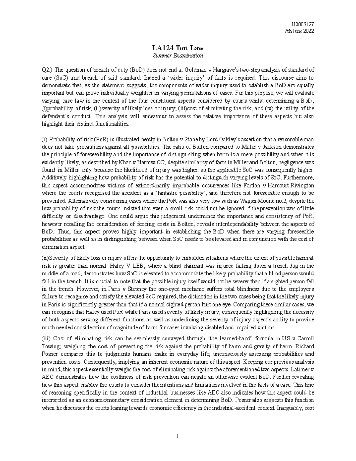 LA124 Tort Law Summer Exam 2022: Breach of Duty Analysis and Case ...