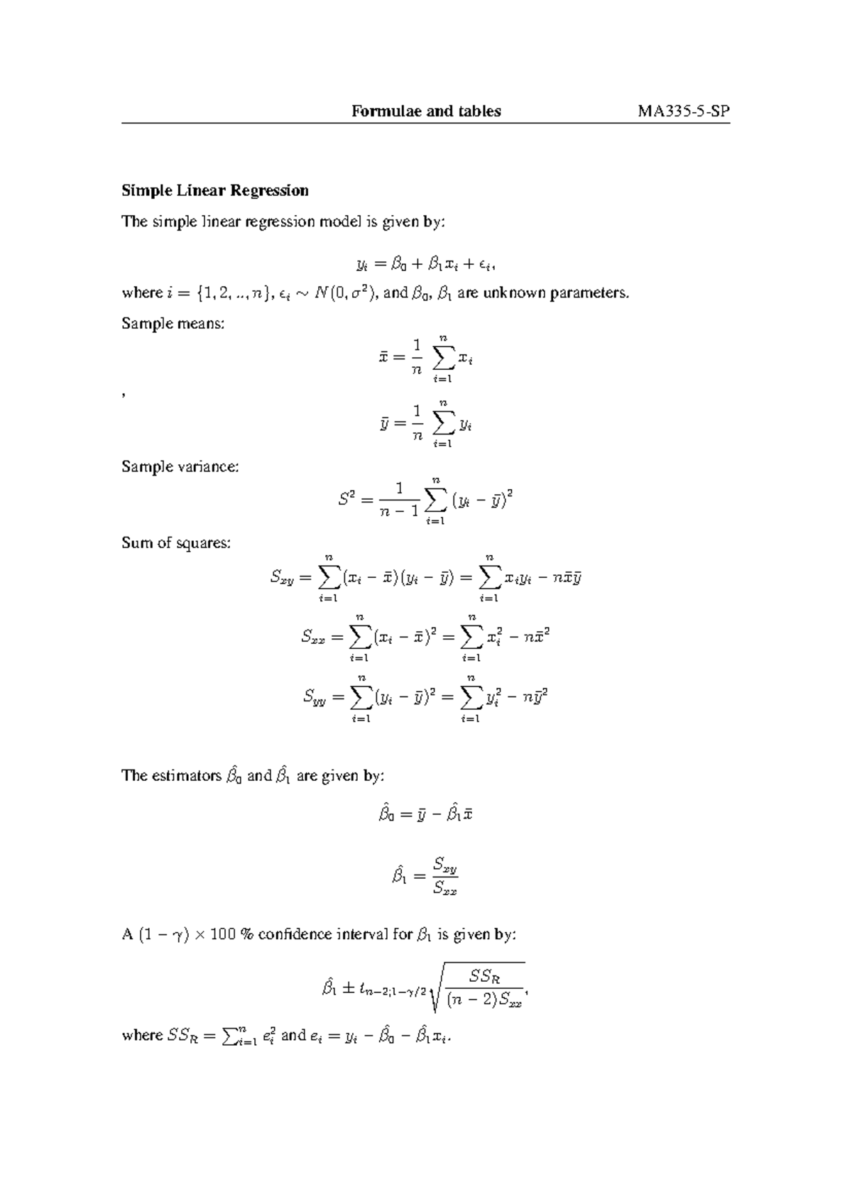 Final Exam MA335 Simple Linear Regression Formulae Sheet - Studocu