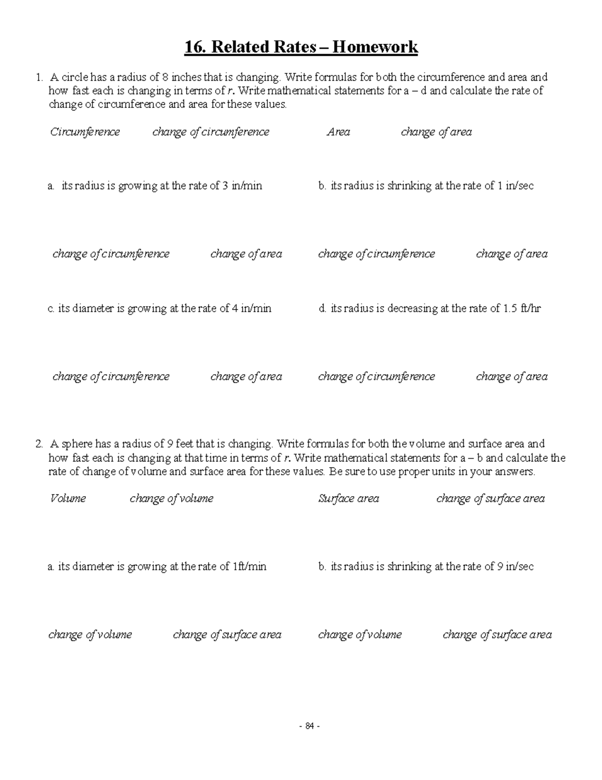 HW 16: Related Rates Homework 1 - Formulas & Calculations - Studocu