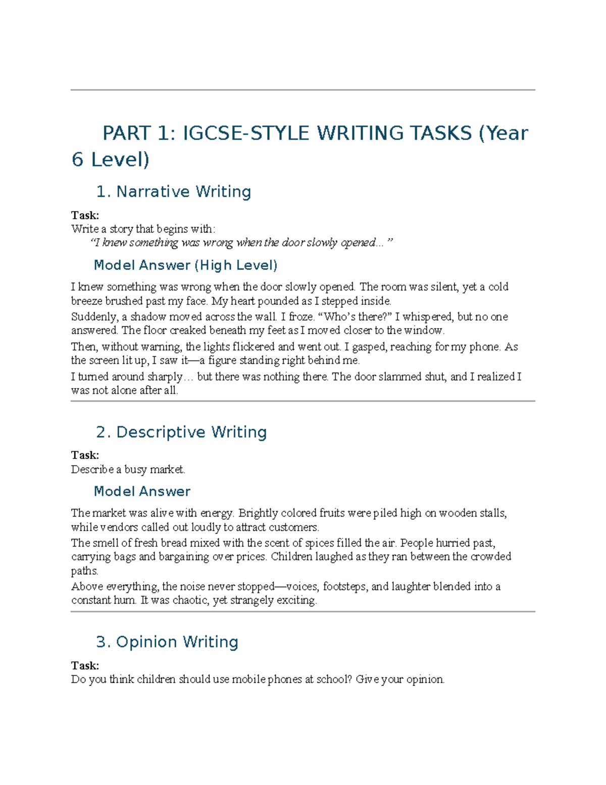 Year 6 Writing Tasks: Narrative, Descriptive & Opinion Exercises - Studocu