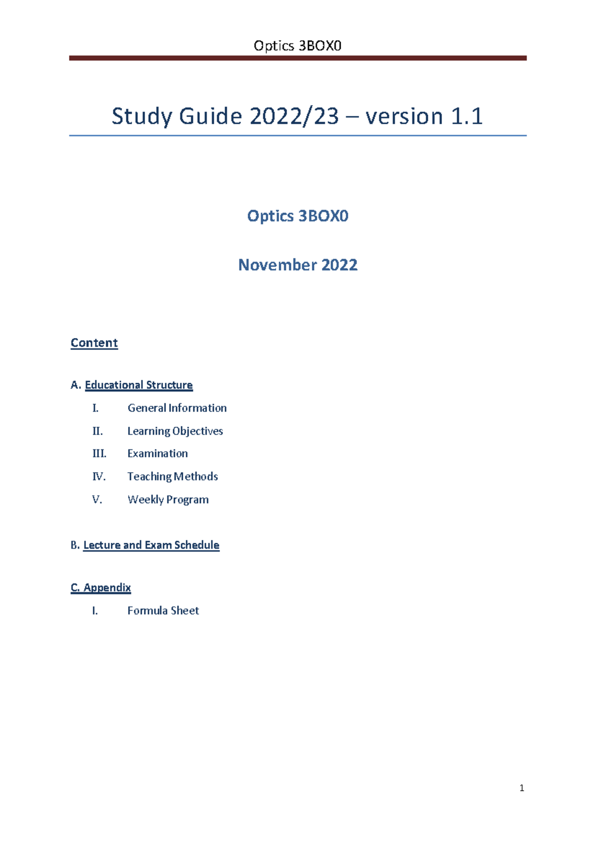 Study Guide 3BOX0 Optics - 2022/23 Lecture & Exam Details - Studeersnel