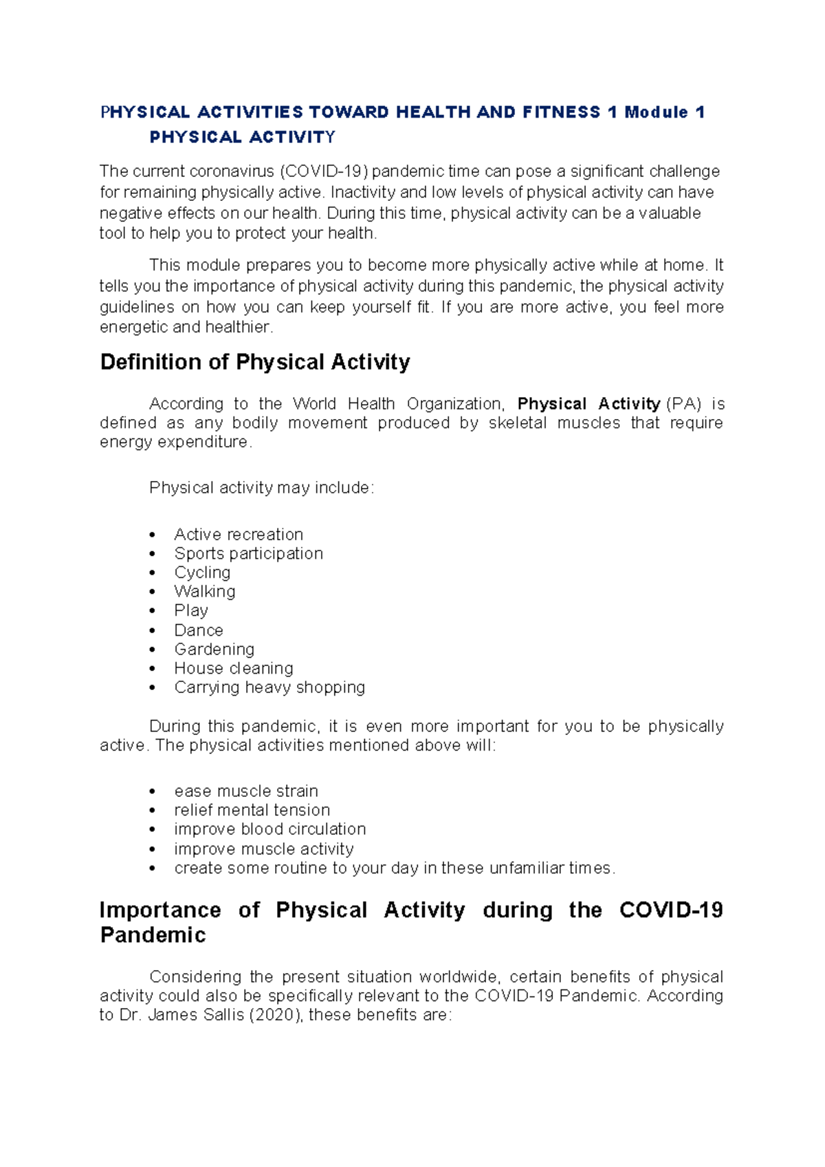 PHYSICAL ACTIVITIES TOWARD HEALTH AND FITNESS 1: Module 1 Overview ...