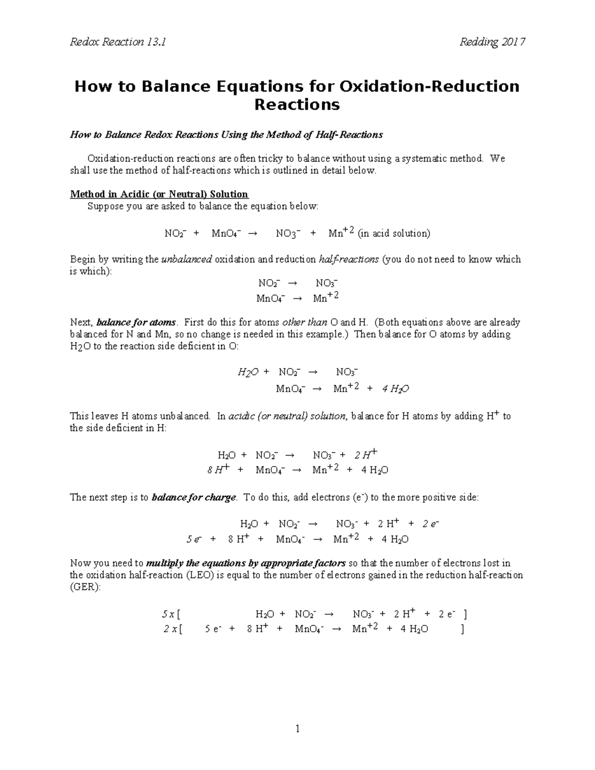 Balancing Redox Reactions: Method in Acidic & Basic Solutions (CHEM 13 ...