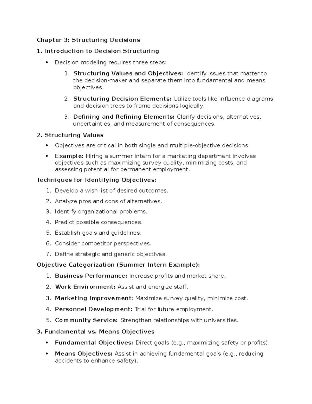 Chapter 3 notes - Chapter 3: Structuring Decisions 1. Introduction to ...
