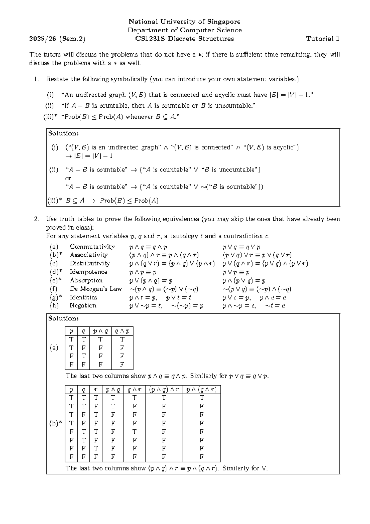 CS1231S Discrete Structures (Sem.2) Tutorial 1 Solutions - Studocu