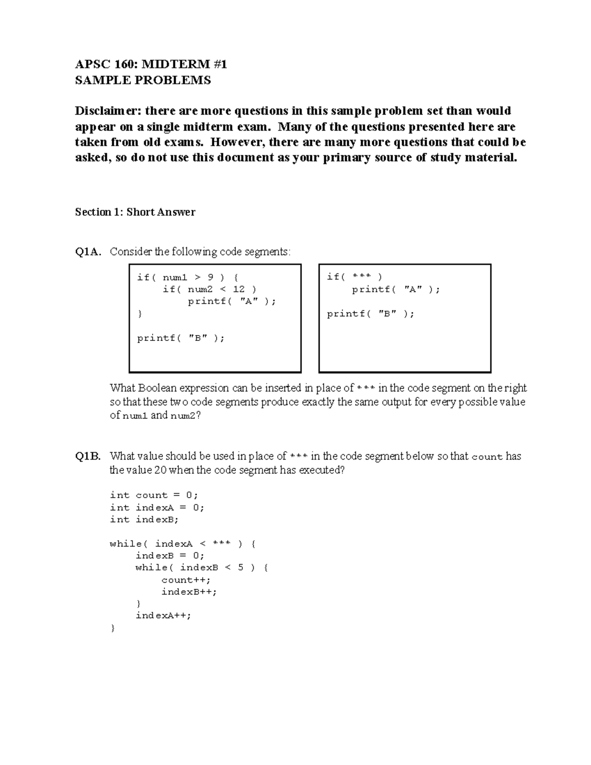 APSC 160: MIDTERM SAMPLE PROBLEMS PRACTICE SET - Studocu