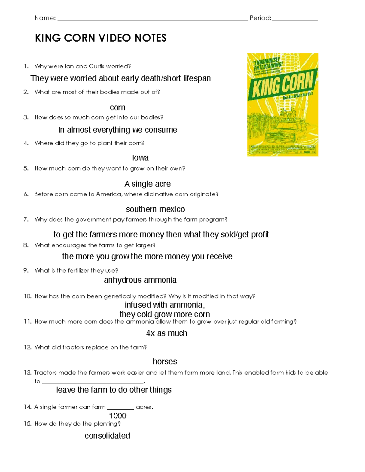 King corn video worksheet notes: key insights and details - Studocu