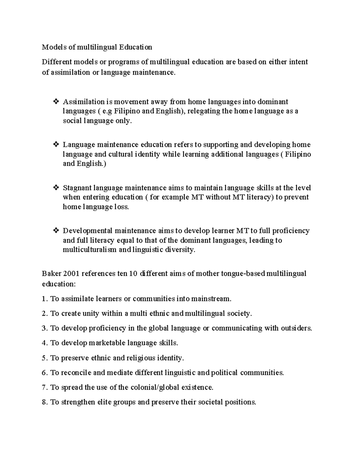 Multilingual Education Models: Assimilation vs. Language Maintenance ...